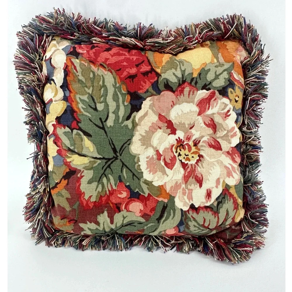 Vintage Floral Tapestry Throw Pillow Peony Garden Cottagecore Fringe 11x11